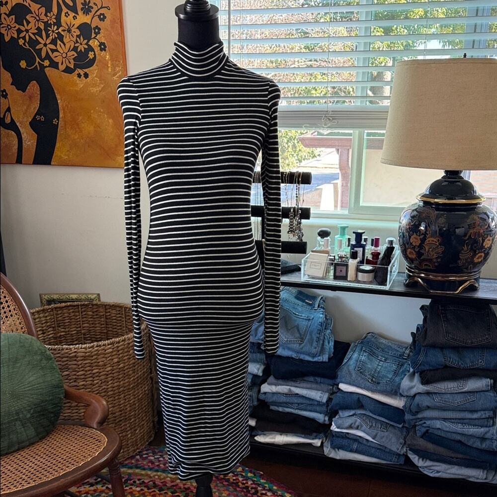 ATM Anthony Thomas Melillo Black Combo Dip Dye Striped Mock Neck Bodycon Dress